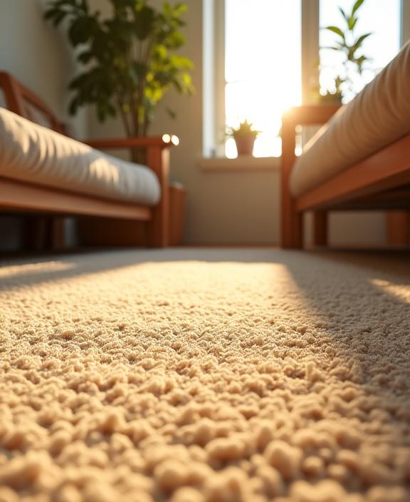 A beautiful, natural-fibre carpet in a sunlit living room.