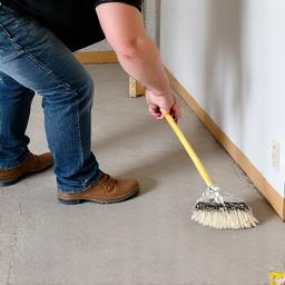 A worker preparing a subfloor for new carpet.