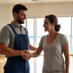 A happy homeowner inspecting their new floor with an installer.