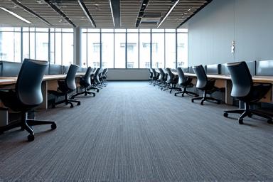 A large, open-plan office with new commercial carpet tiles.