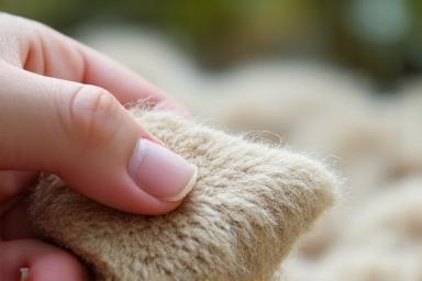 A hand holding natural wool carpet material.